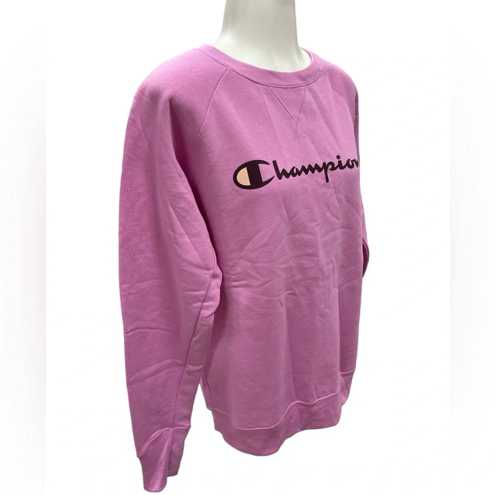 Champion Powerblend Fleece Sweater Relaxed Crew Screen Print Paper Orchid Size M